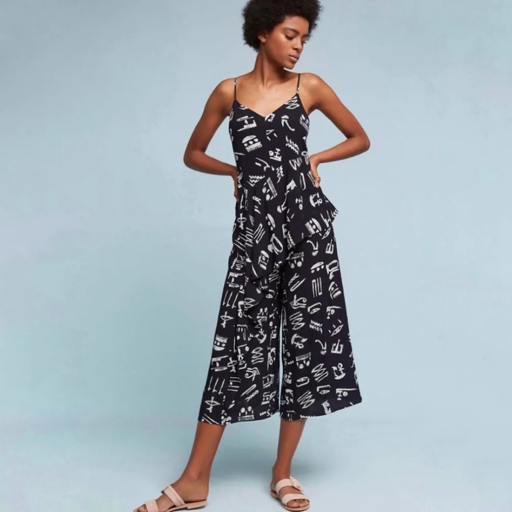 Anthropologie- Maeve | Black Day Trip Cropped Wide Leg Printed Jumpsuit - Picture 3 of 9